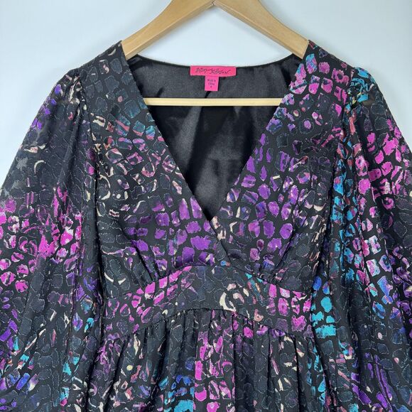 Betsey Johnson Dress Womens 4 Black Multicolor Animal Print Ruffle Bell Sleeve - Picture 2 of 16